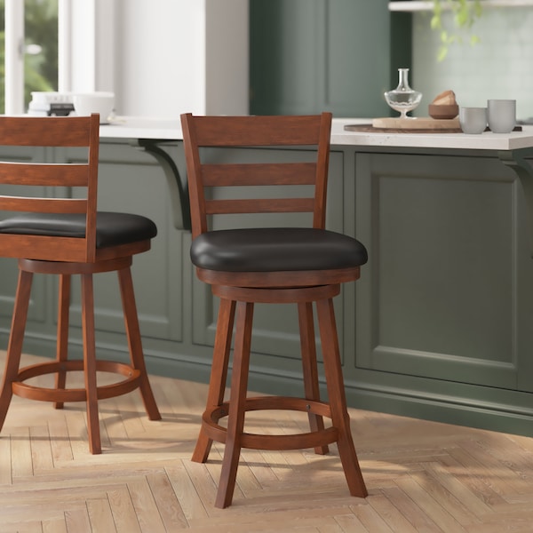 Flash Furniture Zerrick Commercial Wood Classic Ladderback Swivel Counter Stool w/Black LeatherSoft Seat, Antiq Oak ES-UN3-24-OAK-GG - main